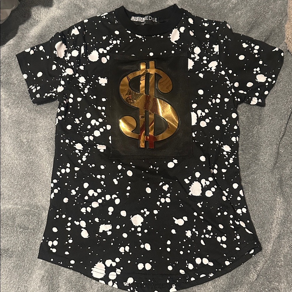 Black and White Splatter T-Shirt with Gold Dollar Sign
